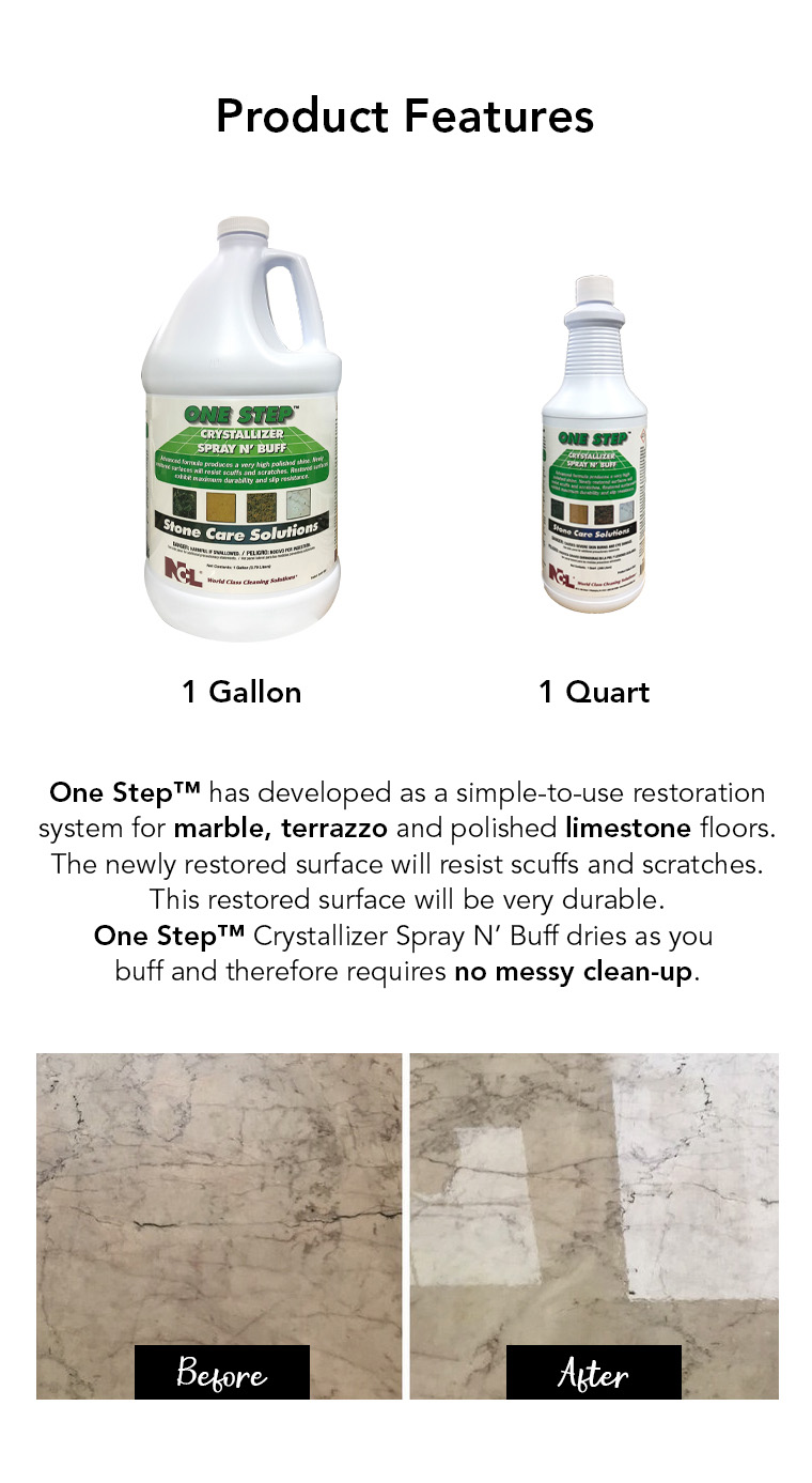 product feature, gallon, quart, marble, terrazzo, limestone, no messy clean up.